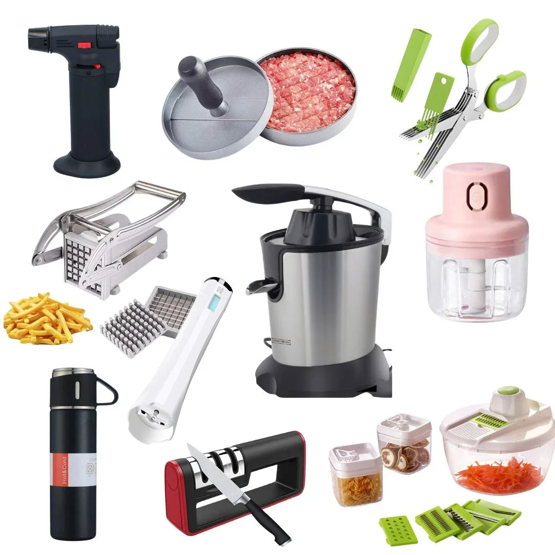 A digital photograph of KitZenShop™ Best Sellers collection, featuring a digital measuring spoon, a sliding drawer organizer, and a portable USB blender.