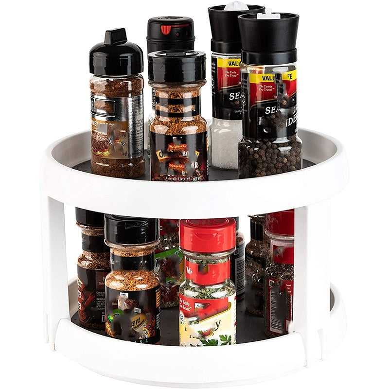 "KitZenShop™ 2-Tier Lazy Susan rotating spice rack organizer with non-slip surface, gray and white, ideal for kitchen and pantry storage."