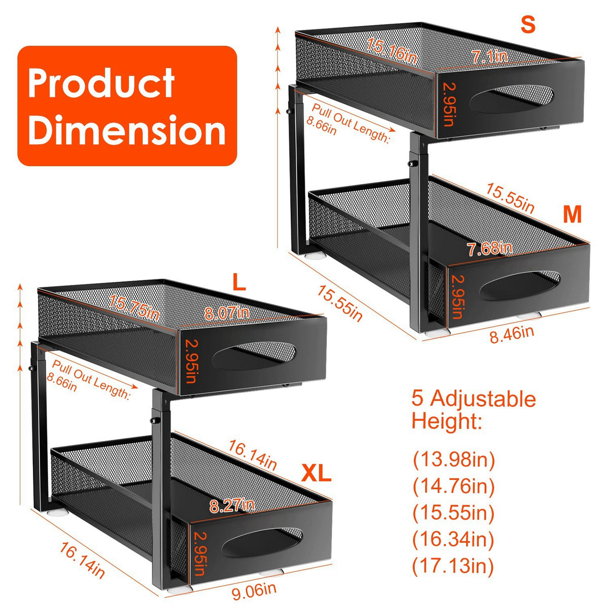 KitZenShop™ 2-Tier Sliding Drawer Organizer in black carbon steel — adjustable under-sink and kitchen storage solution.