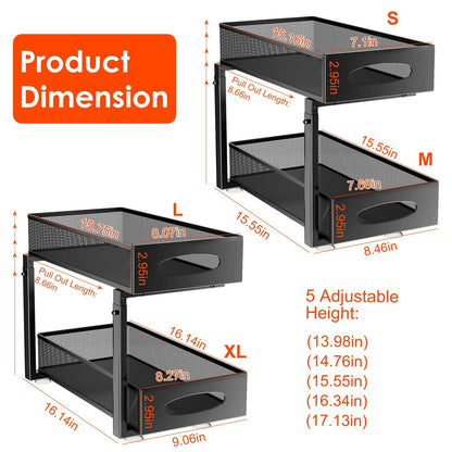 KitZenShop™ 2-Tier Sliding Drawer Organizer in black carbon steel — adjustable under-sink and kitchen storage solution.